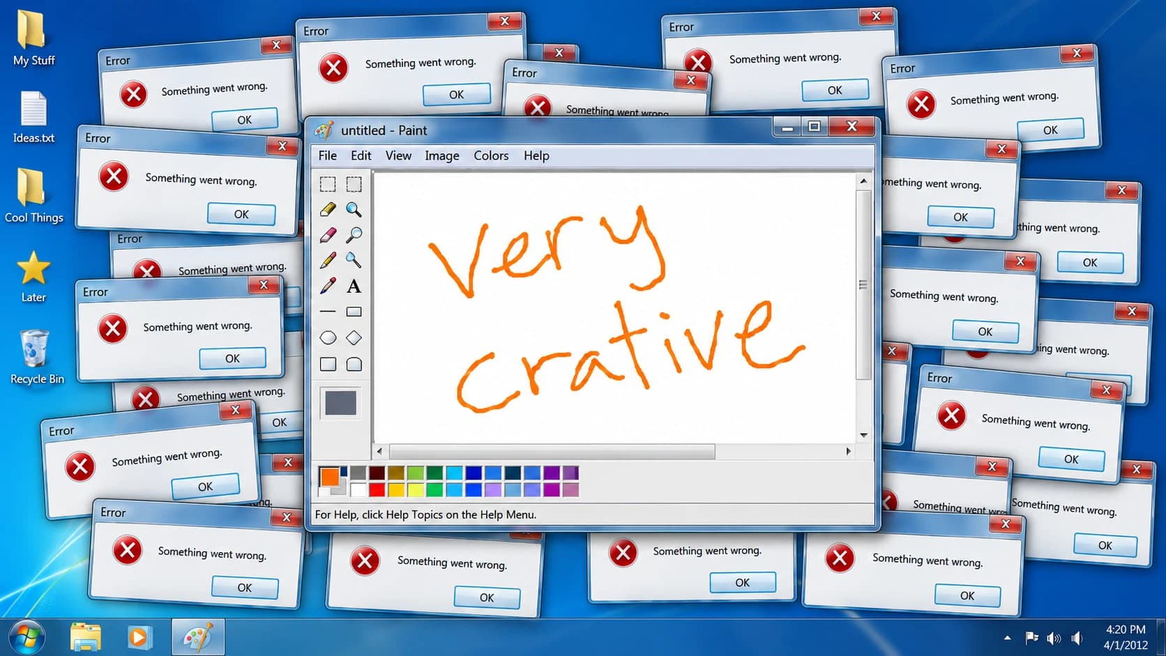 Windows 7 errors behind a Paint canvas reading very crative